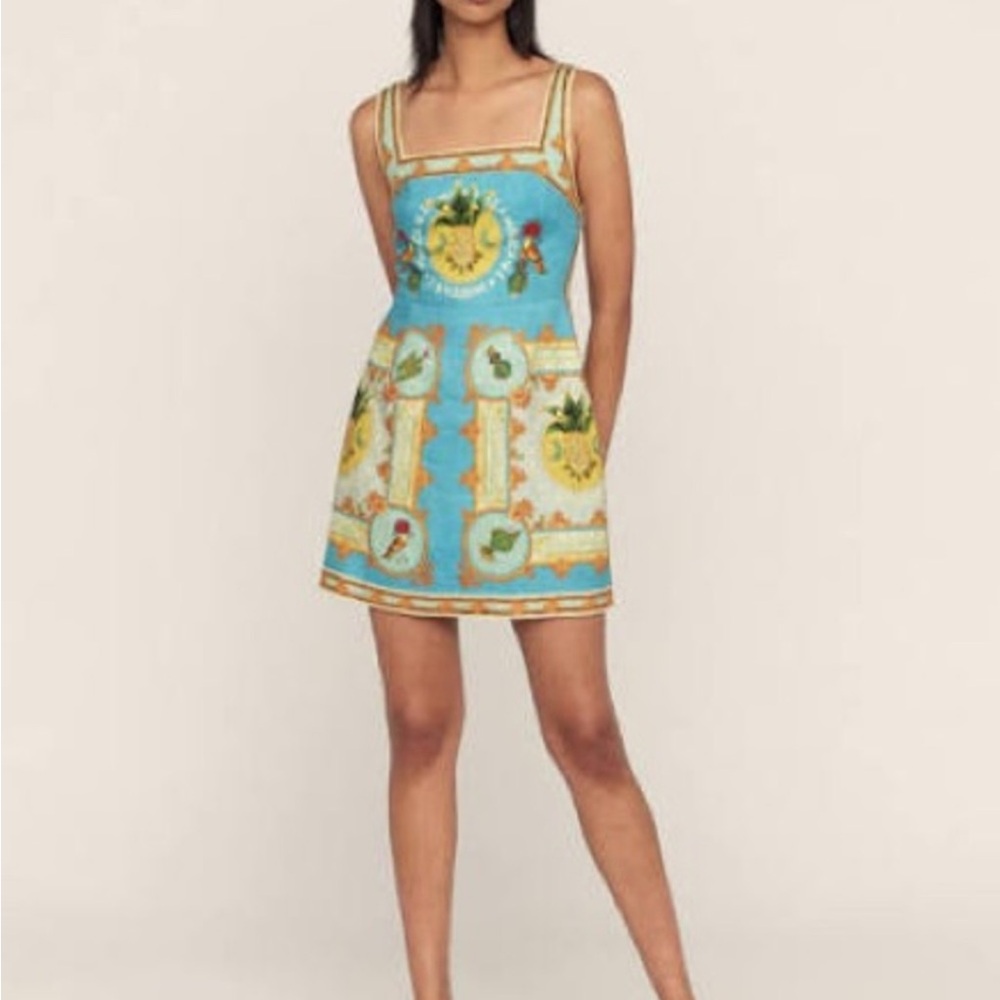 Alemais La Música Turquoise & Yellow Printed Square-Neck Mini Dress
